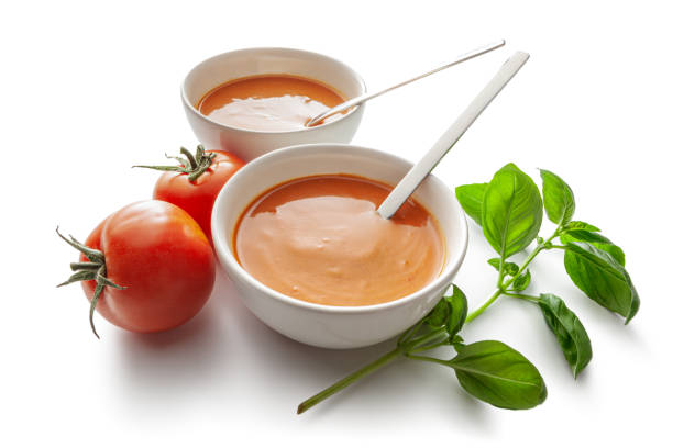 Soups: Tomato Soup and Ingredients Isolated on White Background