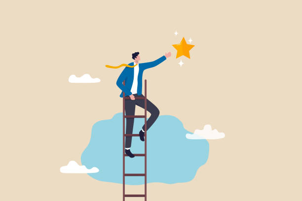 Success ladder to reach goal, achievement or opportunity, climb up ladder to get new hope, accomplishment or career development concept, businessman climb up ladder of success to reach star target. vector art illustration