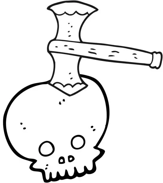 Vector illustration of freehand drawn black and white cartoon axe in skull