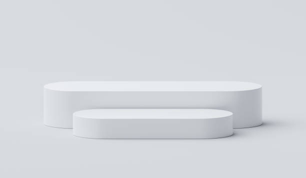Modern white long space podium isolated on 3d background with minimal product display pedestal geometric platform or blank presentation advertising stage concept and simple show stand luxury mockup.