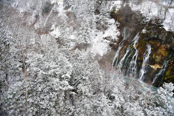 Famous and beautiful cobalt blue waterfall with snow in winter
