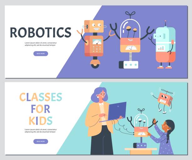 Robotics and programming classes for kids flyers set, flat vector illustration. Robotics and programming classes for kids flyers set, flat vector illustration. Banners or flyers with children learn how to build, operate and apply robots. girls coding stock illustrations