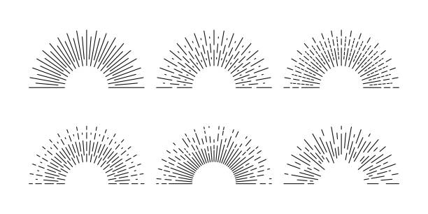 ilustrações, clipart, desenhos animados e ícones de conjunto de raios solares. coleção de ícones sunburst. design retro sunburst. raios do nascer do sol luz burst linha sol raio de sol símbolo de borda vintage. ilustração vetorial. - 3894