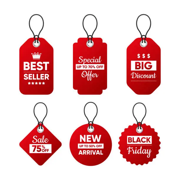 Vector illustration of Price Tags collection. Special offer or shopping discount label. Mega sale or Best seller or Mega discount. Promotional sale badge with text. Vector illustration.