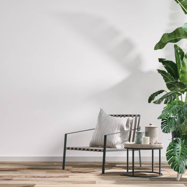 Empty cozy retro interior with a chair and potted plants, 70 - 80s decoration