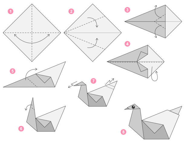 Swan origami scheme tutorial moving model. Origami for kids. Step by step how to make a cute origami Swan. Swan origami scheme tutorial moving model. Origami for kids. Step by step how to make a cute origami Swan. Vector illustration. origami instructions stock illustrations