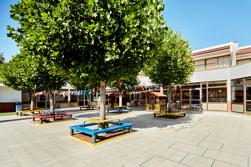 Leafy trees surrounded by colorful benches, bunting, and playhouses.
