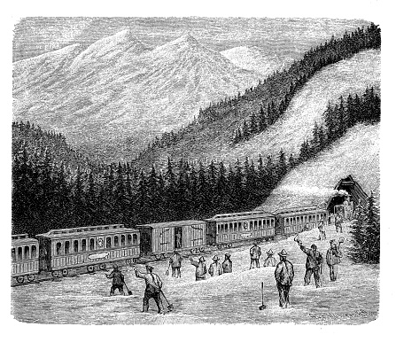 Construction of the Central Pacific railroad in Sierra Nevada completed by Chinese immigrate workers, circa 1870
