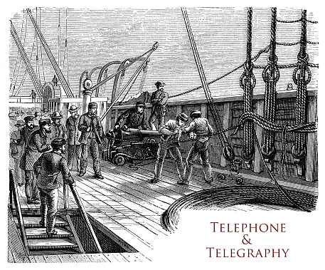 Telephone and telegraphy: laying submarine cables on the sea bed, front chapter vignette