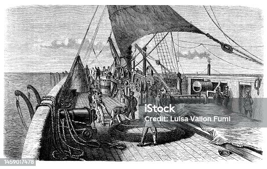 istock Working on bord to renew and lay down submarine communication cables 1459017478
