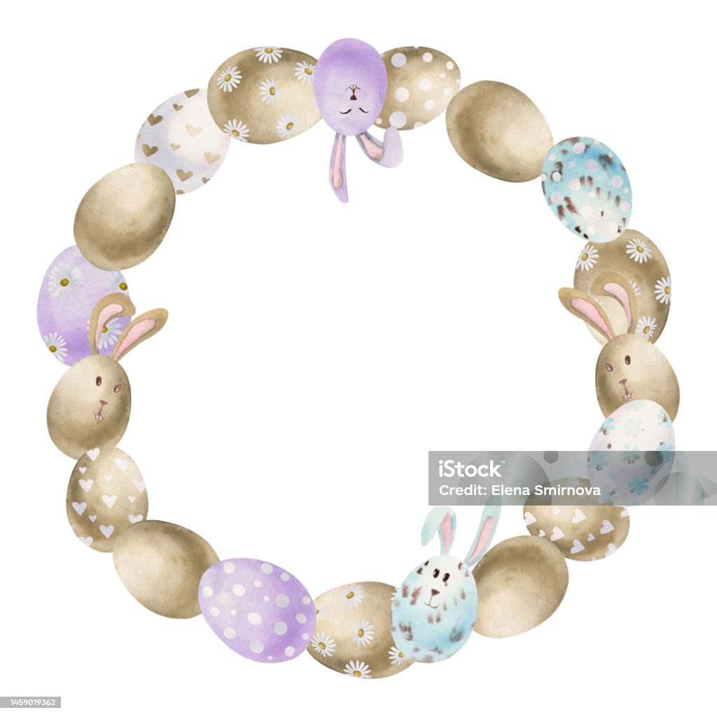 Aquarelle dessinée à la main clipart de célébration de Pâques. Entourez la couronne avec des œufs, des lapins, des arcs et des feuilles de printemps. Isolé sur fond blanc. Design pour invitations, cadeaux, cartes de vœux, impression, textile - Illustration de Affiche libre de droits Aquarelle dessinée à la main clipart de célébration de Pâques. Entourez la couronne avec des œufs, des lapins, des arcs et des feuilles de printemps. Isolé sur fond blanc. Design pour invitations, cadeaux, cartes de vœux, impression, textile - Illustration de Affiche libre de droits
