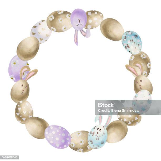 Aquarelle Dessinée À La Main Clipart De Célébration De Pâques Entourez La Couronne Avec Des Œufs Des Lapins Des Arcs Et Des Feuilles De Printemps Isolé Sur Fond Blanc Design Pour Invitations Cadeaux Cartes De Vœux Impression Textile Vecteurs libres de droits et plus d'images vectorielles de Affiche