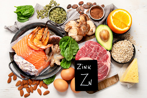 Foods High in Zinc for lowers cholesterol; reproduce health, boosts immune system. Healthy diet concept. Top view.