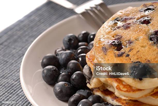 Plate Of Blueberry Pancakes With Fresh Blueberries On Side Stock Photo - Download Image Now