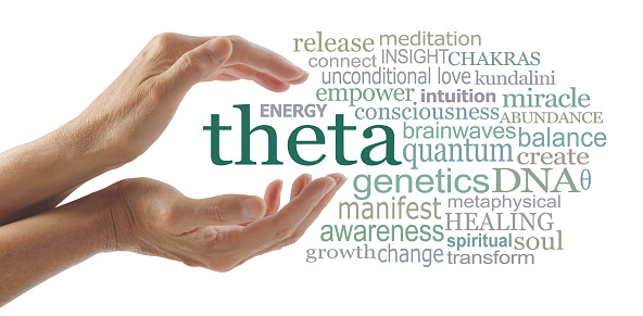 female hands cupped around the   word THETA surrounded by relevant words isolated on a white background