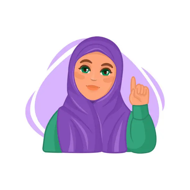 Vector illustration of Young arab woman wearing hijab raising finger, explaining and teaching