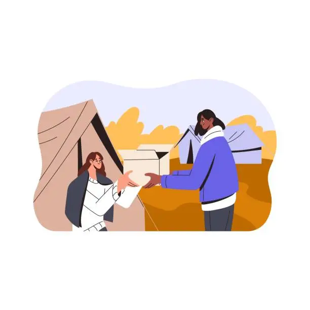 Vector illustration of Volunteer in refugee camp, donating to homeless needy poor person. Humanitarian aid, charity, charitable help, philanthropy concept. Flat graphic vector illustration isolated on white background