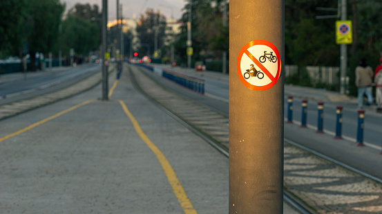 View of a plate in urban railway: No Entry for Bike and Motorbike