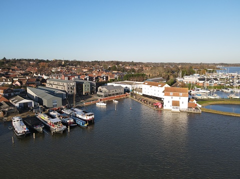 Waterfront moorings Woodbridge Suffolk England drone aerial view