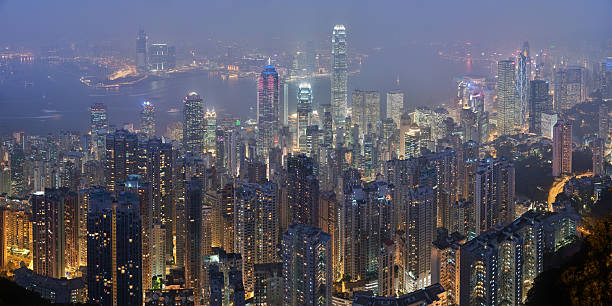 Hong Kong skyline from Victoria Peak at night stock photo