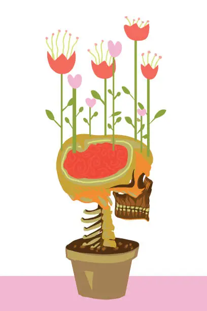 Vector illustration of Human skull and flowers