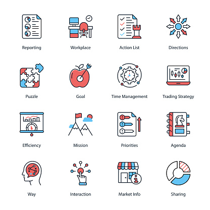 Reporting, Workplace, Action List, Directions, Puzzle, Goal, Time Management, Trading Strategy, Efficiency, Mission, Priorities, Agenda, Way, Interaction,  Minimal Color Icons - Stroked, Vectors