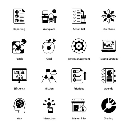 Reporting, Workplace, Action List, Directions, Puzzle, Goal, Time Management, Trading Strategy, Efficiency, Mission, Priorities, Agenda, Way, Interaction,  Glyph Icons - Solid, Vectors