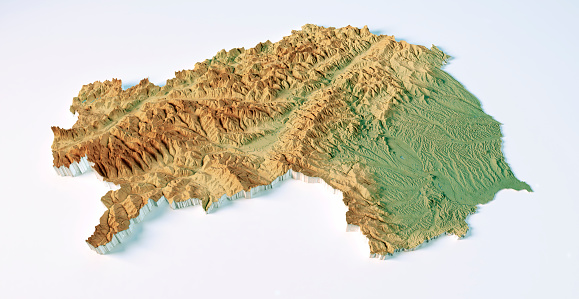 3D Render of a Topographic Map of the Steiermark region in Austria. Isolated on white background. \nAll source data is in the public domain.\nColor texture: Made with Natural Earth.\nhttp://www.naturalearthdata.com/downloads/10m-raster-data/10m-cross-blend-hypso/\nRelief texture: NASADEM data courtesy of NASA JPL (2020).\nhttps://doi.org/10.5067/MEaSUREs/NASADEM/NASADEM_HGT.001\nWater texture: Contains modified Copernicus Sentinel data courtesy of ESA. \nURL of source image: https://scihub.copernicus.eu/dhus/#/home.
