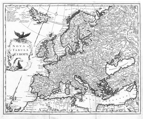 Map of Europe scanned hi-res from early 18th century engraving.  Please see more antic maps: Europe, America, Africa, Asia: