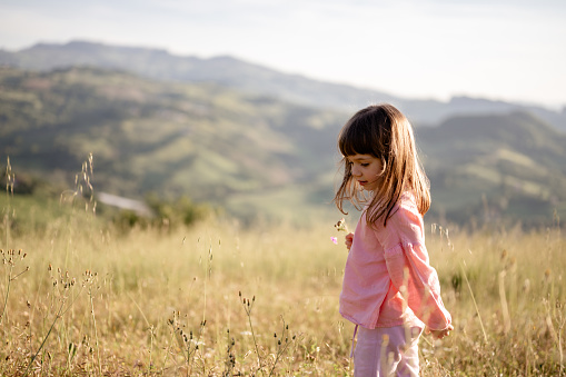 Baby girl plucking yellow flowers on spring meadow.