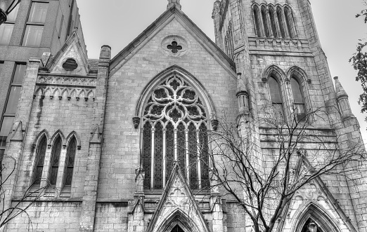 Philadelphia, Pa. USA, Jan. 20, 2023: gothic arches and window of the Arch Street United Methodist Church in Philadelphia, Pa. USA