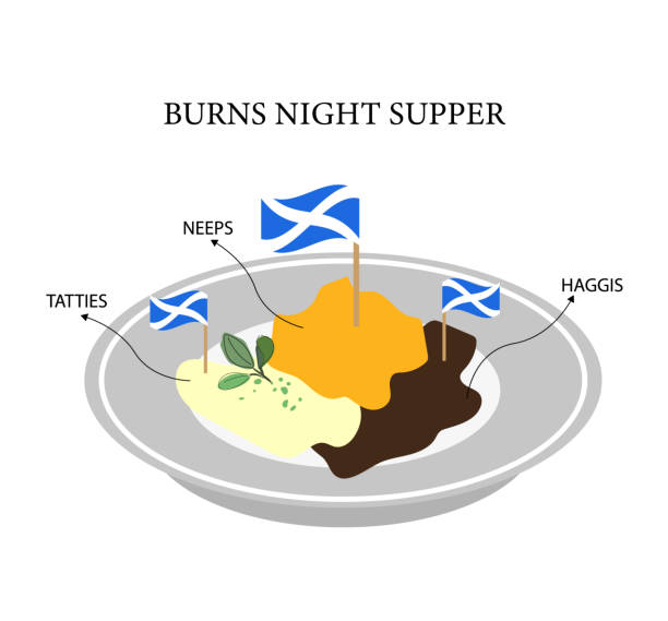 ilustrações, clipart, desenhos animados e ícones de haggis, neeps e tatties servidos em um prato - robert burns writer engraving romanticism old fashioned