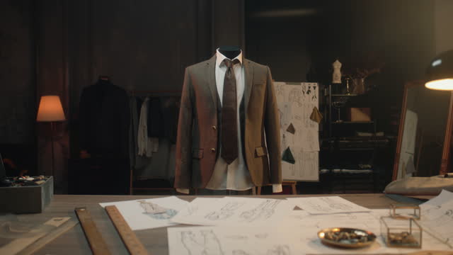 Mannequin with tailored suit in luxury atelier
