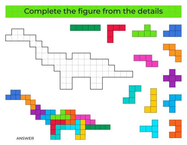 Vector illustration of Puzzle game with dinosaur. Colorful details for children. Complete figure. Education game for kids, preschool worksheet activity.
