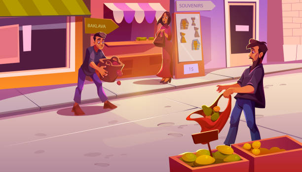 Scene on arabic bazaar with man drops fruits Scene on arabic bazaar with man drops fruits from basket on road. Egyptian city street with market, shops with food and souvenirs, surprised people, vector cartoon illustration baklava stock illustrations