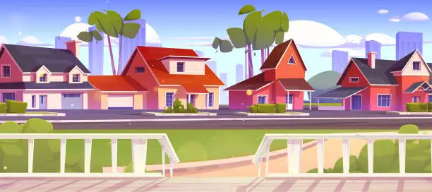 Vector illustration of White wooden house porch on suburb street