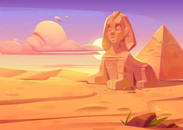 Vector illustration of Egyptian desert with ancient sphinx and pyramid