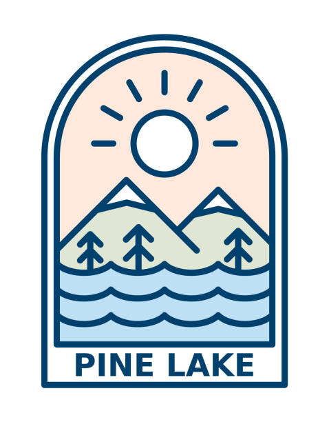 góra z jeziorem i sosnami w słonecznym emblemacie. logo outdoorowe line art. - outline hiking woods forest stock illustrations