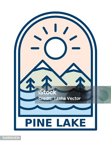 istock Mountain with lake and pine trees in the sunshine emblem. Line art outdoor logo. 1459041514