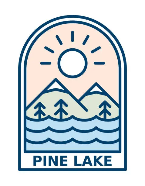 Vector illustration of Mountain with lake and pine trees in the sunshine emblem. Line art outdoor logo.