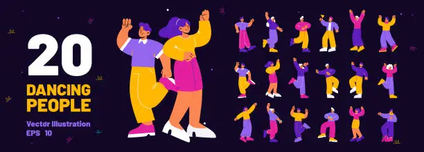 Vector illustration of Dancing people, happy persons in different poses