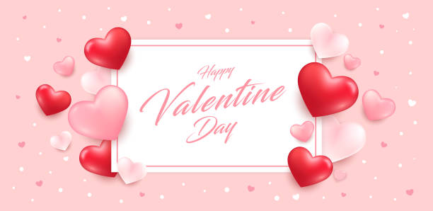 ilustrações de stock, clip art, desenhos animados e ícones de happy valentine's day and white day sale banner. holiday background with border frame made of realistic heart shaped red, pink and white balloons. horizontal poster, greeting card, header for website. - valentines day hearts