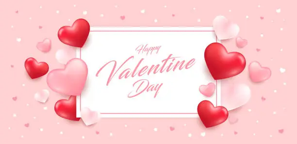 Vector illustration of Happy Valentine's Day and White Day Sale banner. Holiday background with border frame made of realistic heart shaped red, pink and white balloons. Horizontal poster, greeting card, header for website.