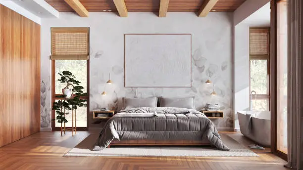 Modern wooden bedroom with bathtub in white and beige tones. Double bed, freestanding bathtub, parquet and wallpaper. Japandi interior design