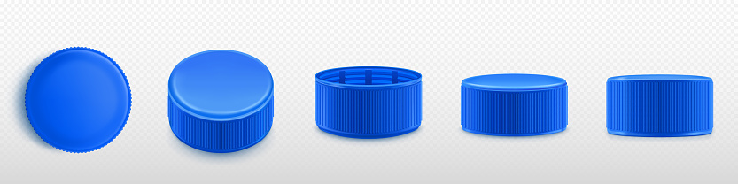 Blue plastic bottle caps png set isolated on transparent background. Realistic 3D illustration of screw lids top, side, front, upside down view. Mockup of cover for mineral water, soda, medicines
