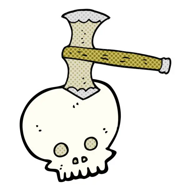 Vector illustration of freehand drawn cartoon axe in skull