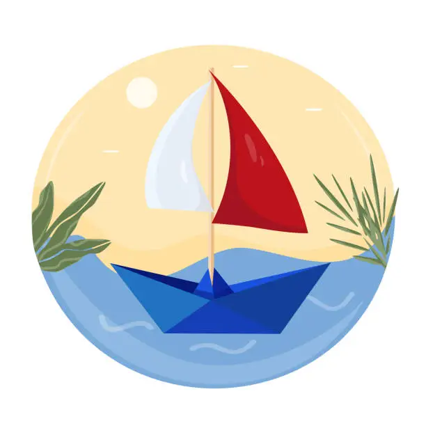 Vector illustration of Origami from a paper boat on the water. Vector illustration of a flat design. Template for badge, badge, logo, etc. Concept of a summer holidays, trip, cruise, dream.