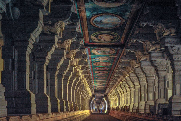 1220 meter-long corridor in Ramnathswami Temple at Rameshwaram Tamilnadu INDIA stock photo