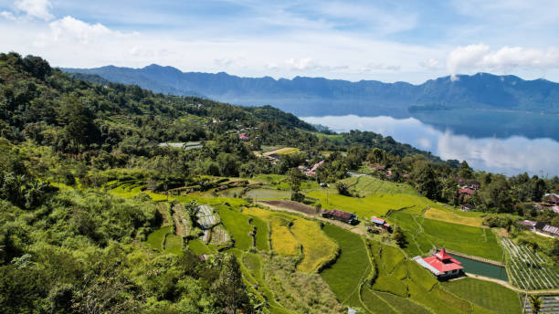 Aerial view of panorama of Maninjau Lake West Sumatra, Danau maninjau. stock photo