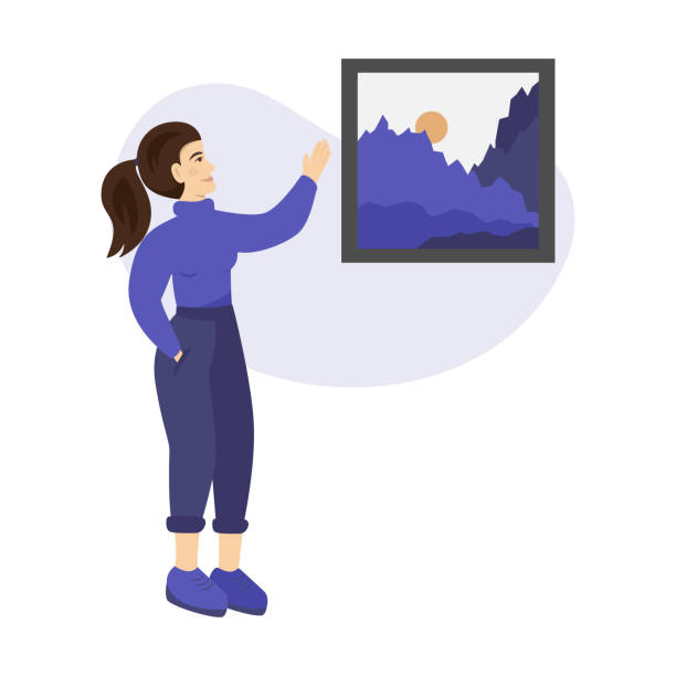 istock Visiting excursion in a museum, standing at picture and listening to guide. Guide shows a picture in a museum. Vector illustration for art gallery, cultural education, exhibition concepts 1459050136
